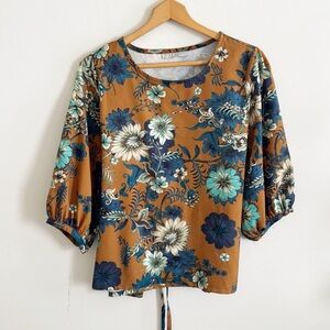 Bryn Walker Bellagio Floral Print tie back Ochre tan Teal floral top sz small